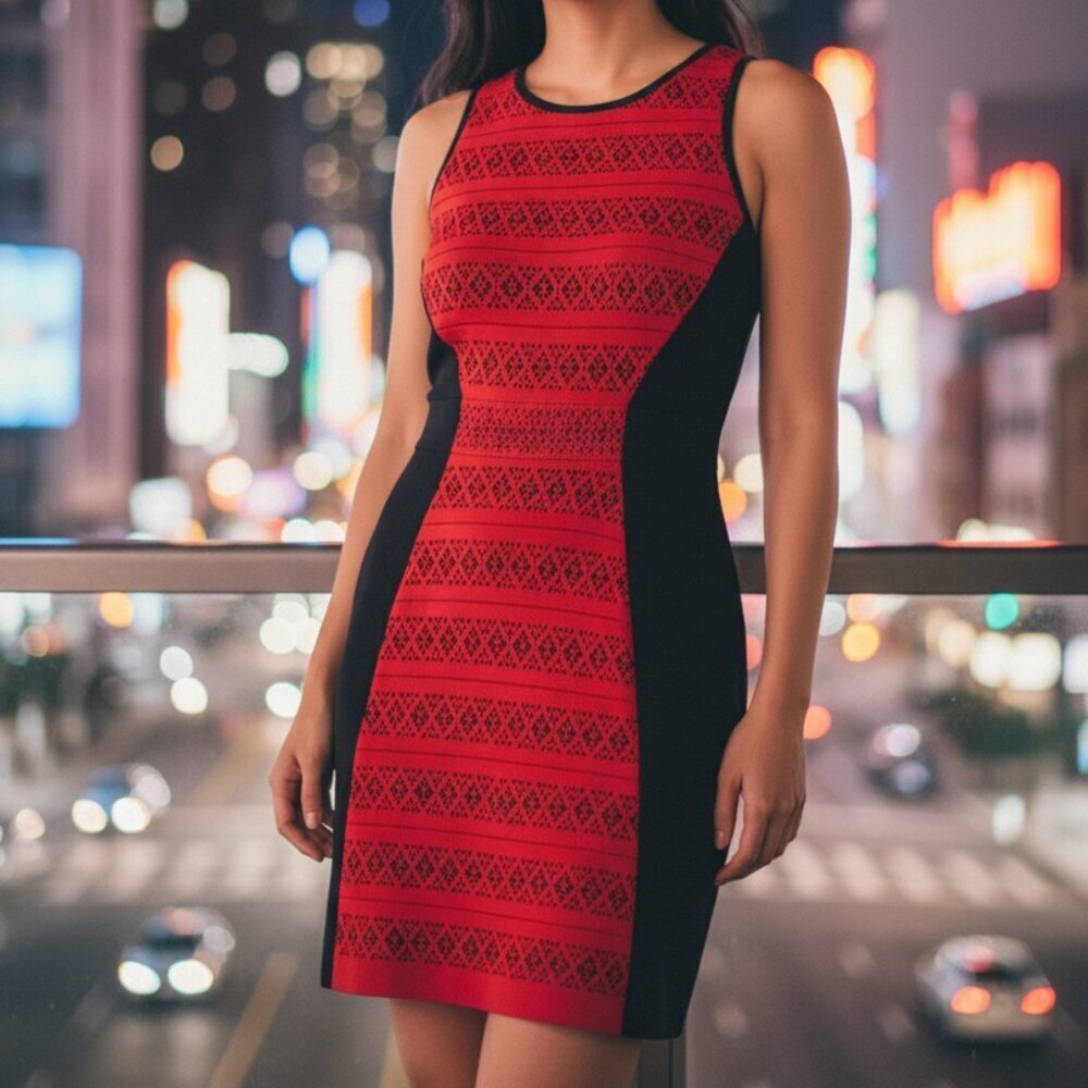Kensie Sleeveless Sheath Dress Womens Size XS Red Lace Black Bodycon Short